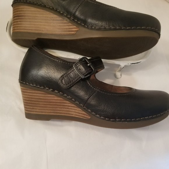 Dansko Marcy Open Toe Wedge Sandal- Black Nubuck | Cleary's Shoes & Boots